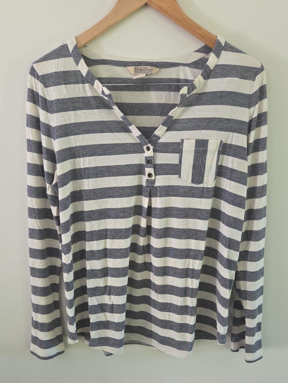 Lucky Brand Striped Long-Sleeve Henley in Gray & White